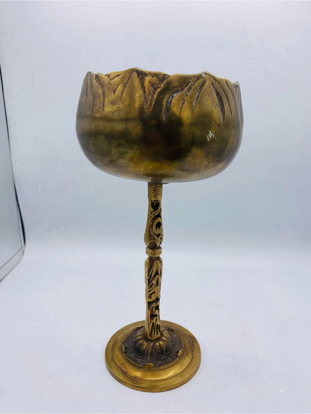 Vintage Solid Brass Decorative Pedestal Compote Lotus Design Stunning Decor